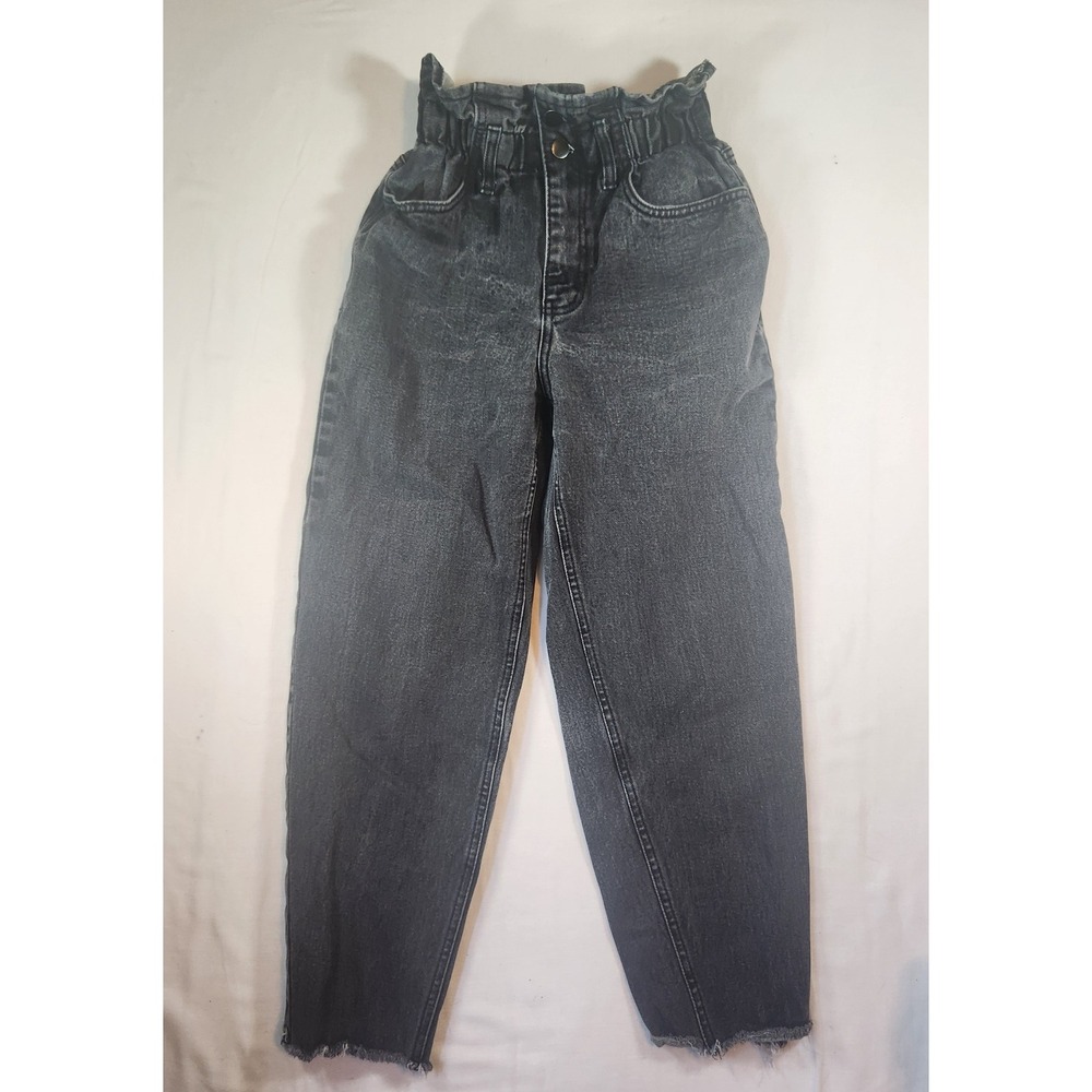 Oak + Fort Paperbag Waist Jeans Black High Rise Tapered Leg Frayed Hem Small